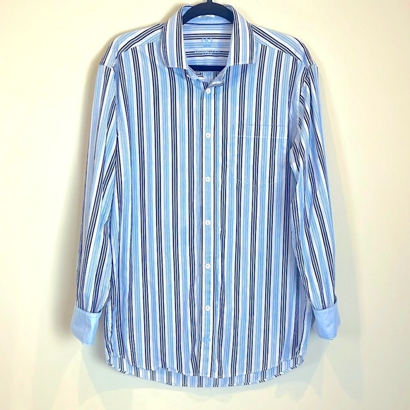 Bugatchi Uomo Men’s Medium shaped fit striped blue white shirt button down cuff - Picture 1 of 7